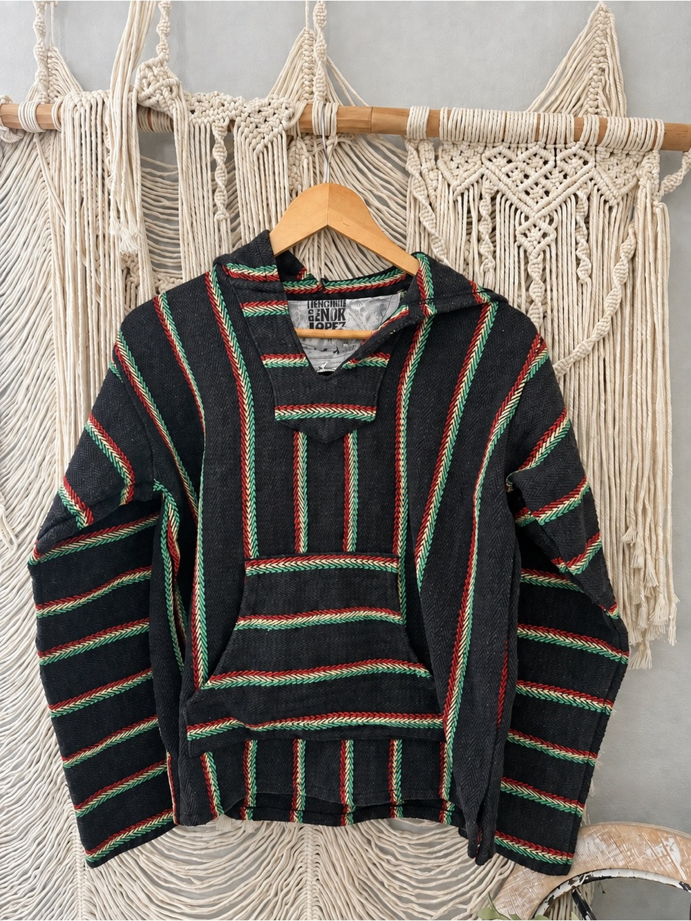 Original senior lopez Men’s Black Baja Hoodie with Red & Green Stripes